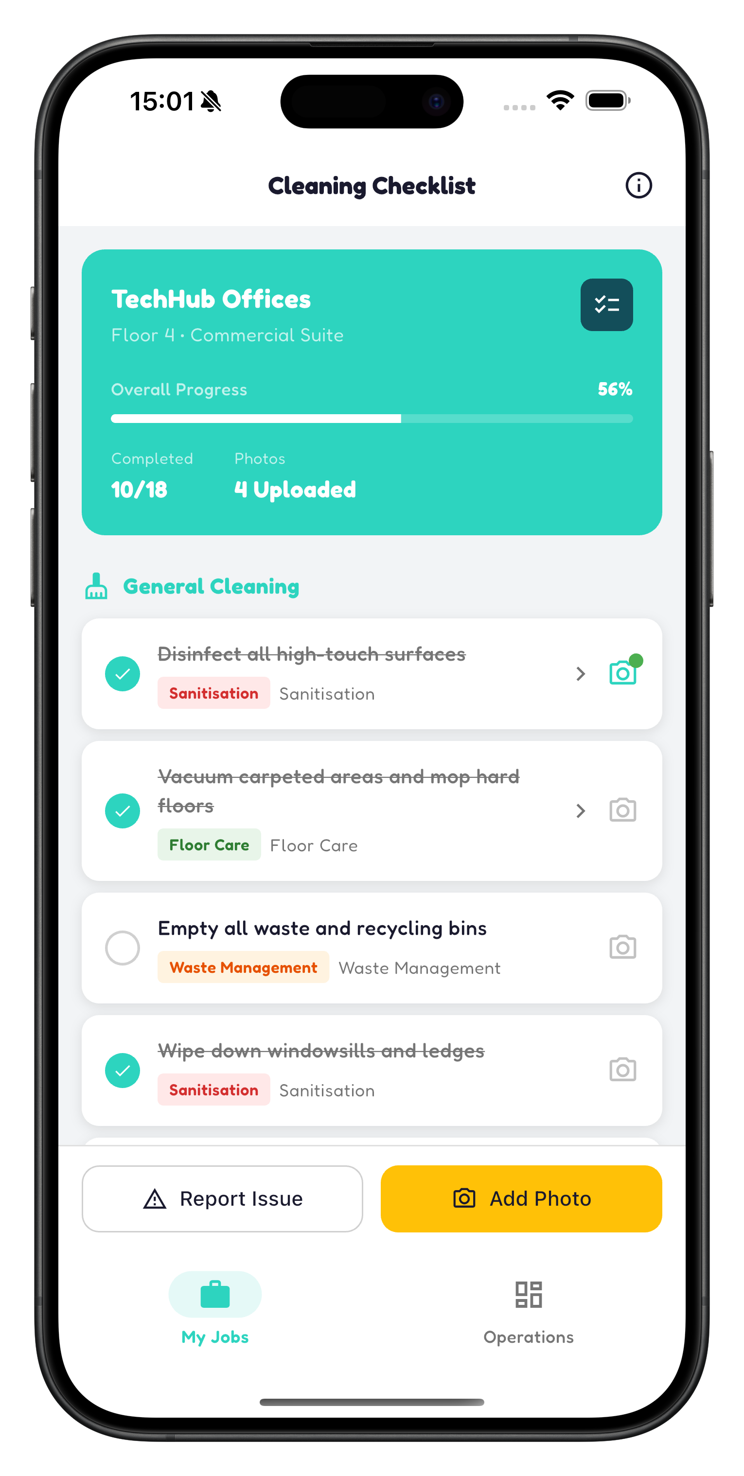 SiteProof site-specific cleaning task checklist mobile app screen