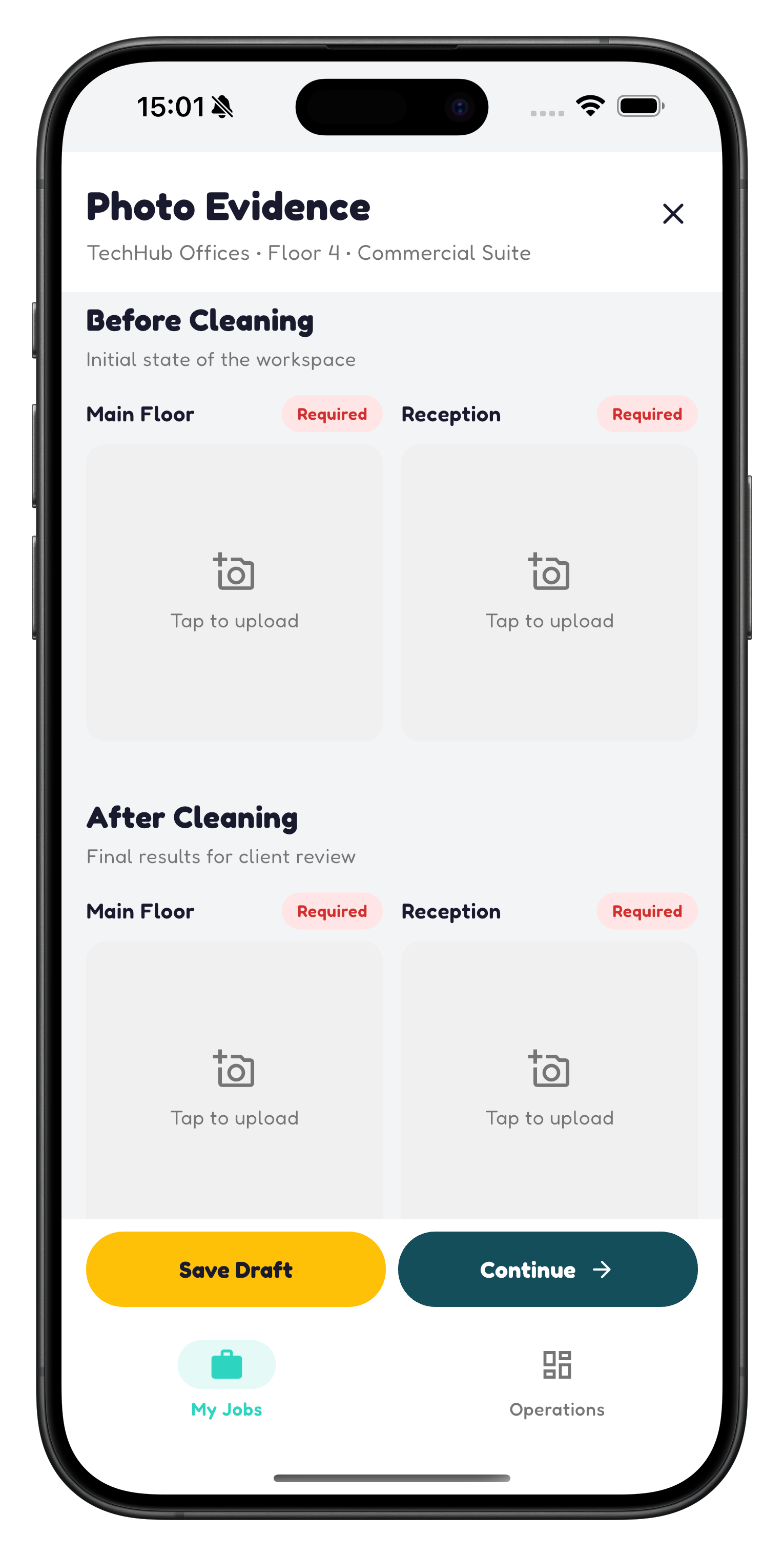 SiteProof before and after cleaning photo evidence upload screen for proof of service