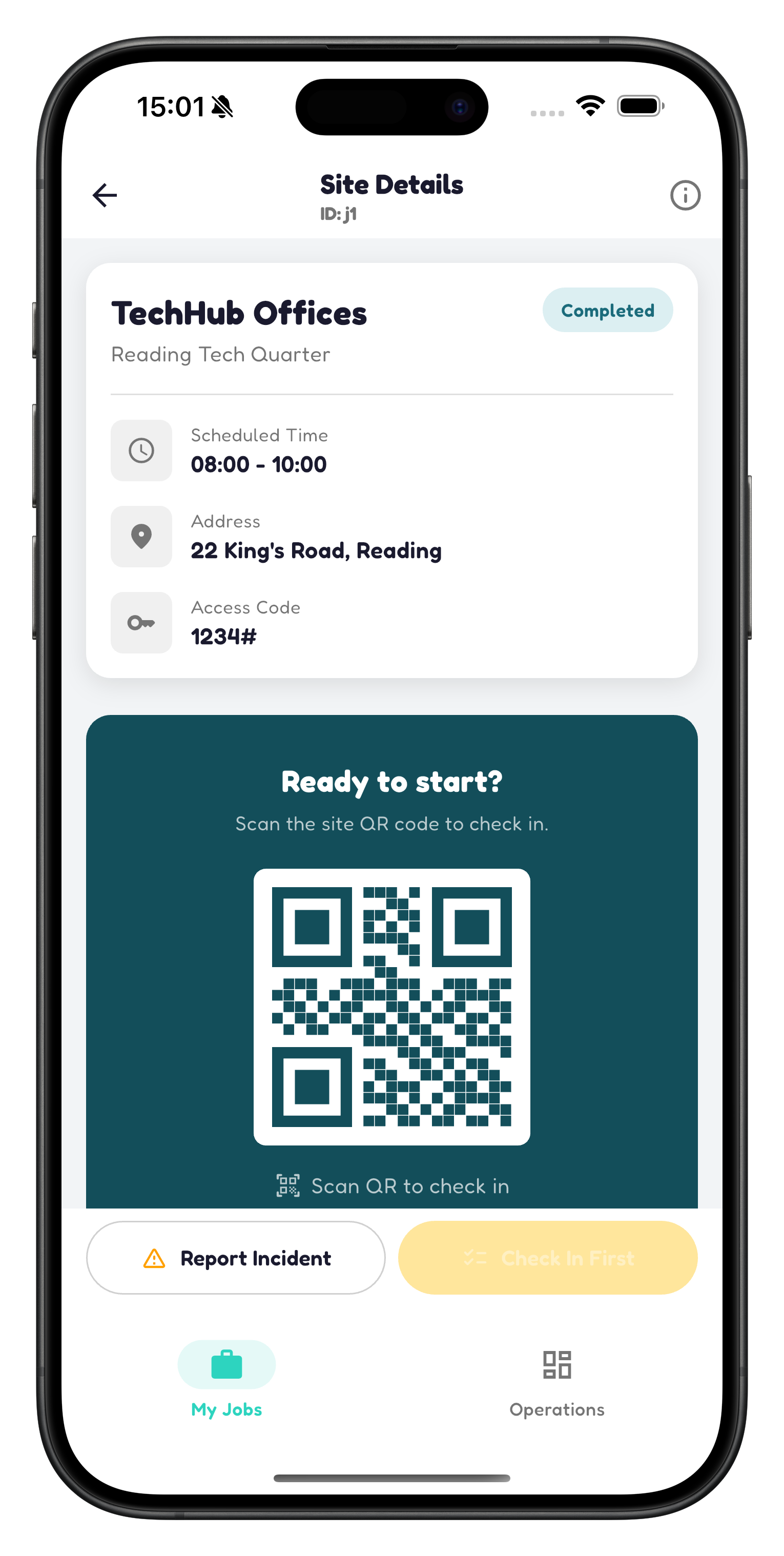 SiteProof QR code site check-in screen for commercial cleaning visit tracking