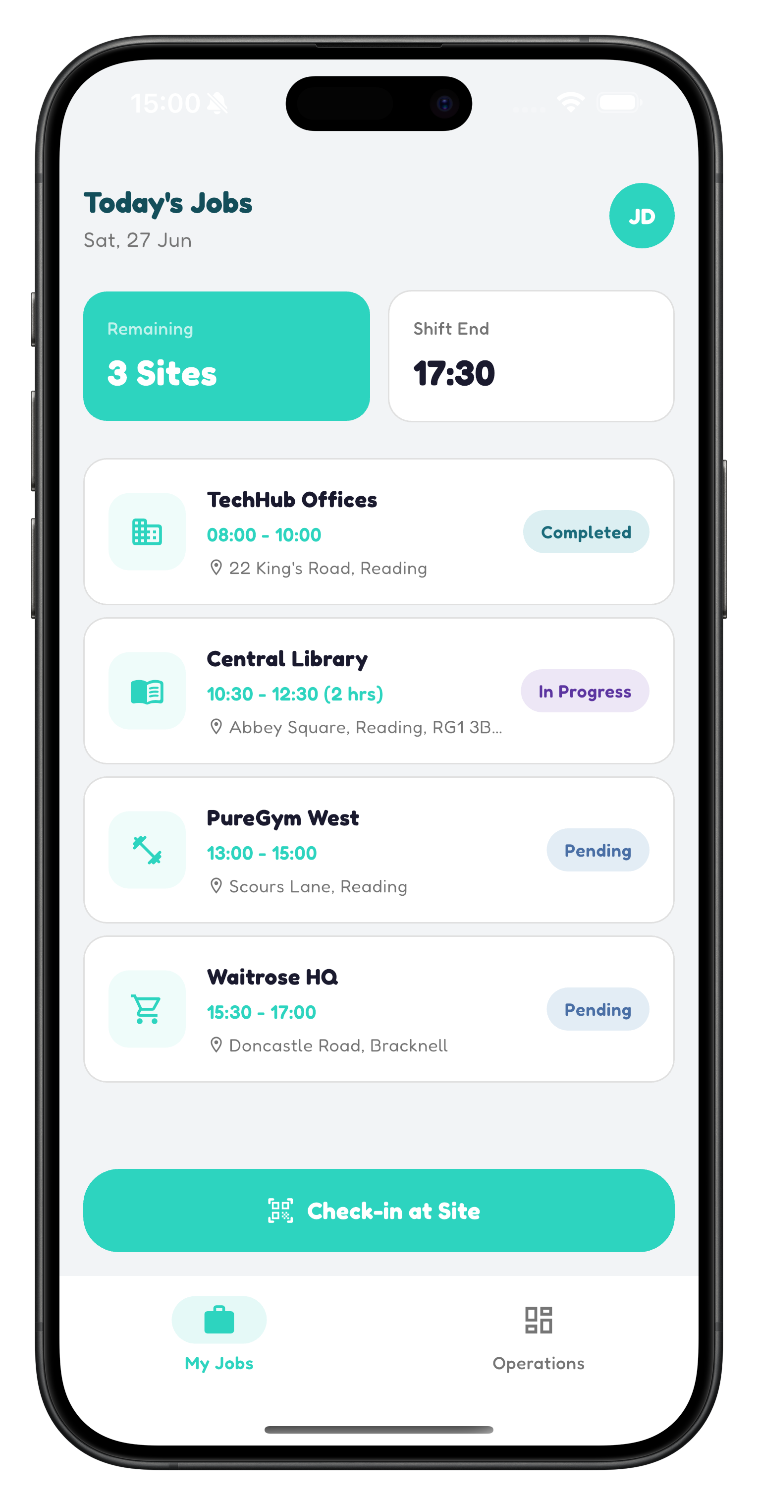 SiteProof commercial cleaning app showing today's site schedule for a cleaning operative